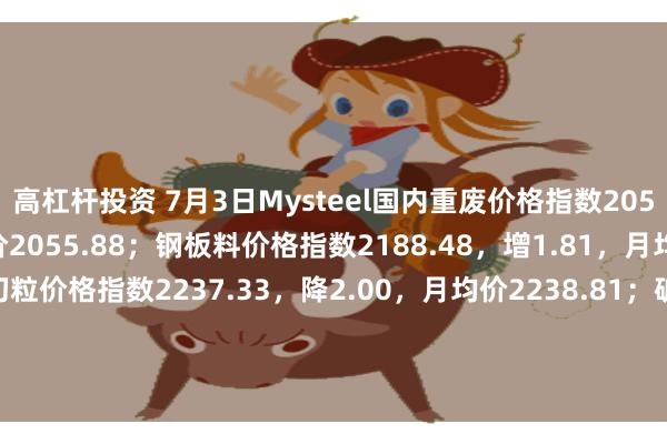 高杠杆投资 7月3日Mysteel国内重废价格指数2053.77，增1.8，月均价2055.88；钢板料价格指数2188.48，增1.81，月均价2183.86；钢筋切粒价格指数2237.33，降2.00，月均价2238.81；破碎料价格指数1996.07，降2.38，月均价1998.98。（单位：元/吨，不含税）
